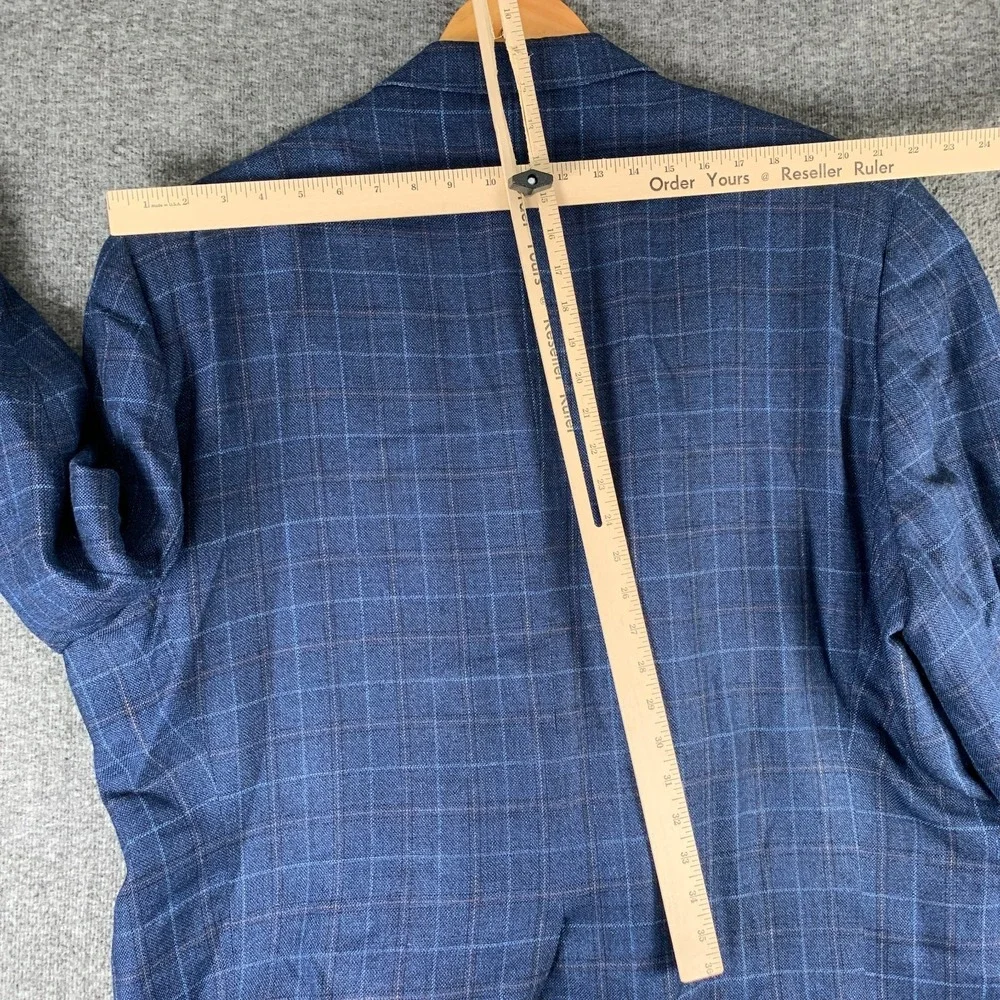 Jack Victor Blazer Jacket Men 54R E Thomas Linen Silk Kingwood Windowpane Blue